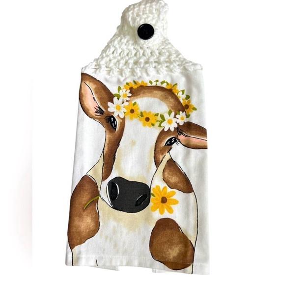 Hand Crafted Colorful Cow Print Hanging Hand Towel Crochet Top Button Closure - Picture 3 of 6
